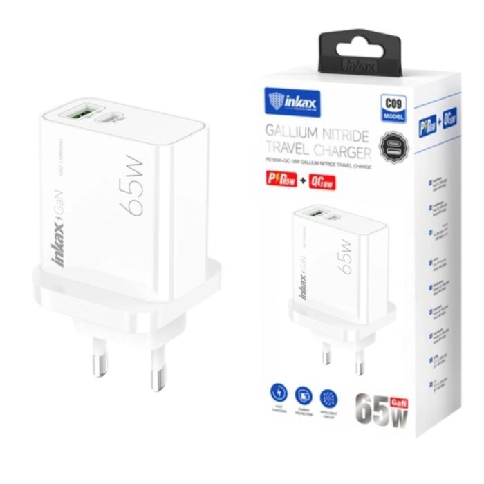 Cargador Inkax USB-A+C GaN 65W blanco